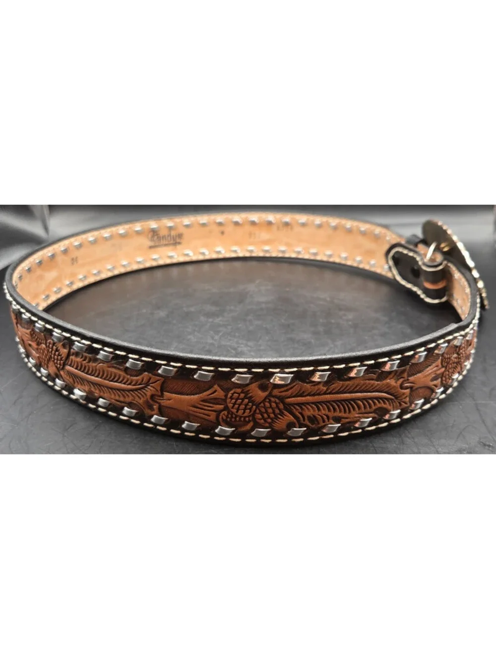 TANDY Western Leather Belt Mens 36 Brown Hand Tooled Floral Silver Studded 1.5in